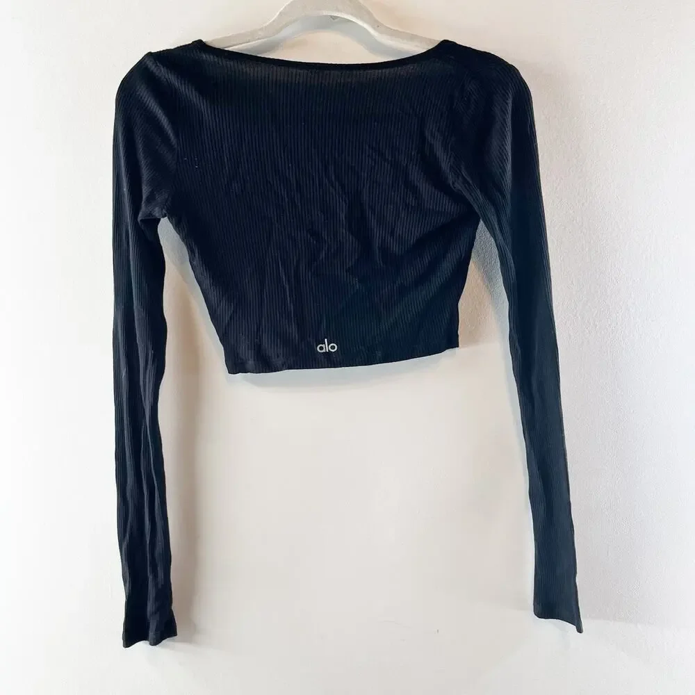ALO Cropped Whisper Ribbed Cardigan Sweater Long Sleeve Black Small